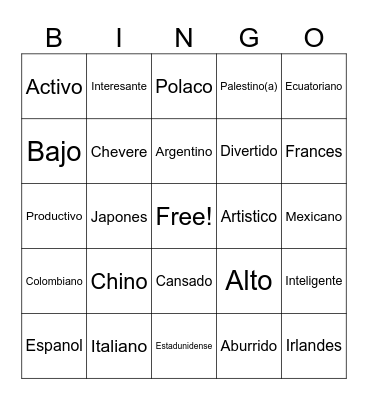 Personal identity-Adjetivos &Nacionalildades Bingo Card