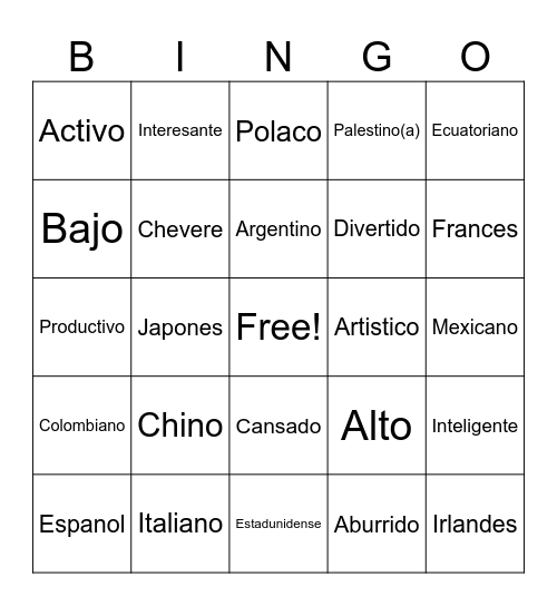 Personal identity-Adjetivos &Nacionalildades Bingo Card