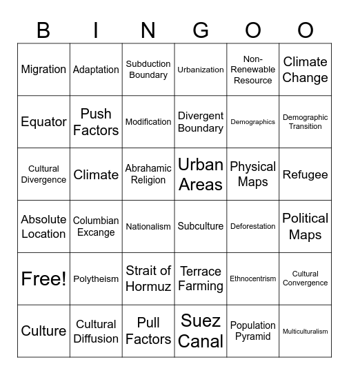 Fall Semester Bingo Card