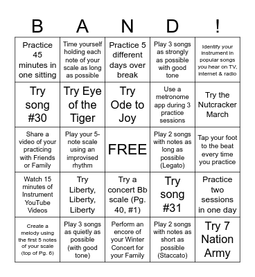 Holiday Break Band Bingo! Bingo Card