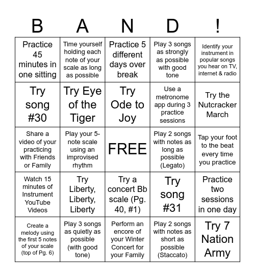 Holiday Break Band Bingo! Bingo Card