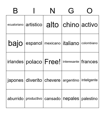 Personal identity activity and nationality Bingo Card