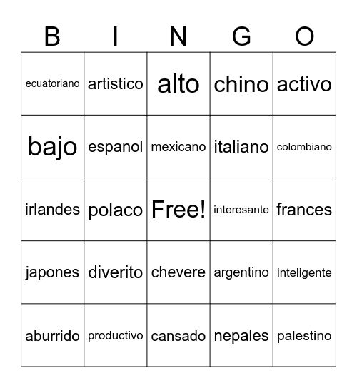 Personal identity activity and nationality Bingo Card