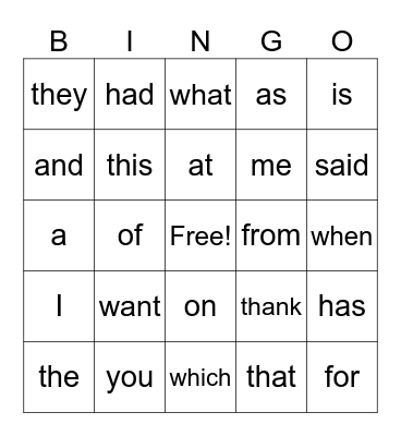 Tricky Heart Words Bingo Card