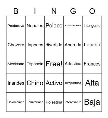 Personal Identity-Adjetivos & Nacionalidades Bingo Card