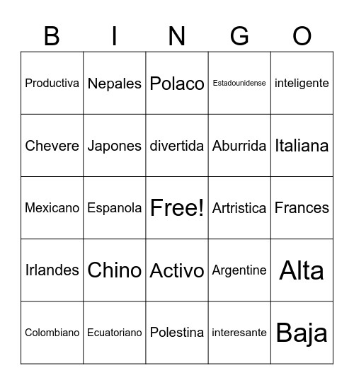 Personal Identity-Adjetivos & Nacionalidades Bingo Card