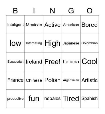 Ian Chen adjetivos & nacionalidad Bingo Card