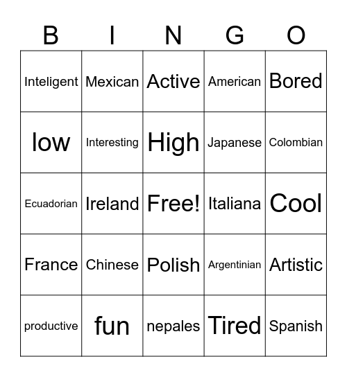 Ian Chen adjetivos & nacionalidad Bingo Card