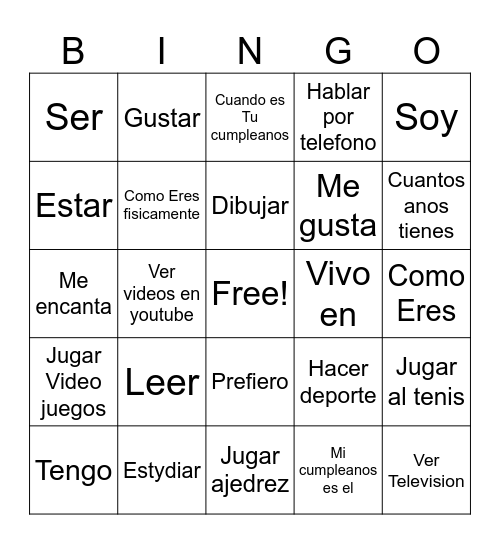 Personal identity -Actividades & Verbos Bingo Card