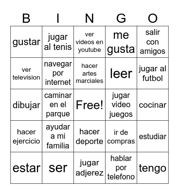 activities verbs Bingo Card