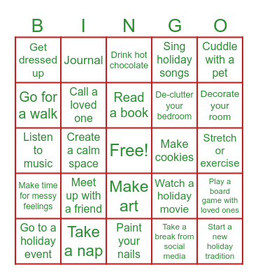 Holiday Self Care Bingo Card
