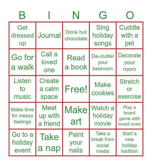 Holiday Self Care Bingo Card