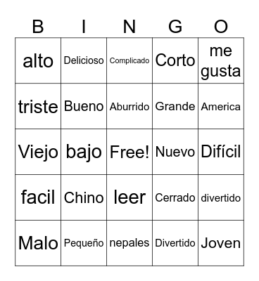 personal identifity-adjetivos- Bingo Card