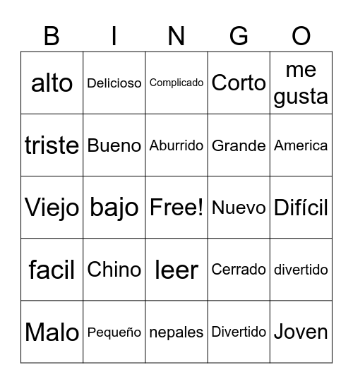 personal identifity-adjetivos- Bingo Card