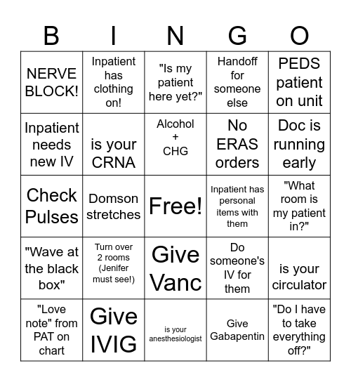 Pre-Op Bingo Card