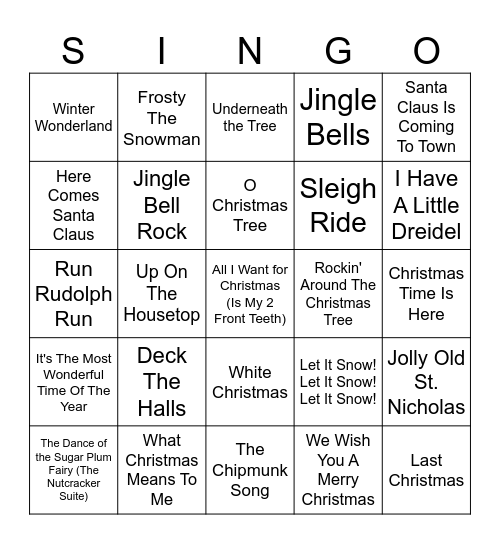 Holiday Singo Bingo Card