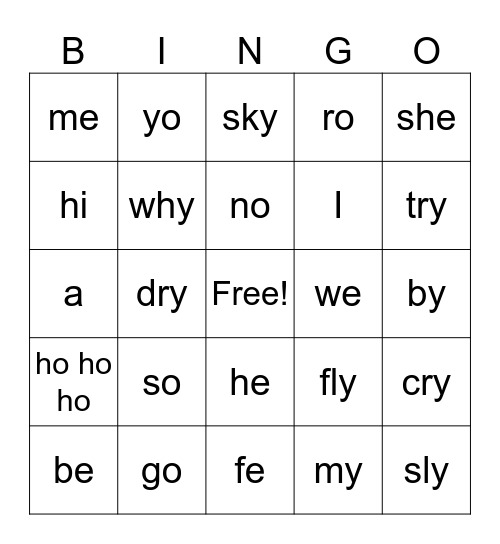 Open syllables Bingo Card