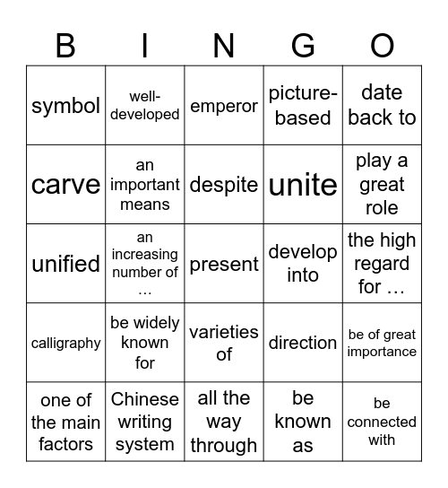 Unit 5 Reading Bingo Card