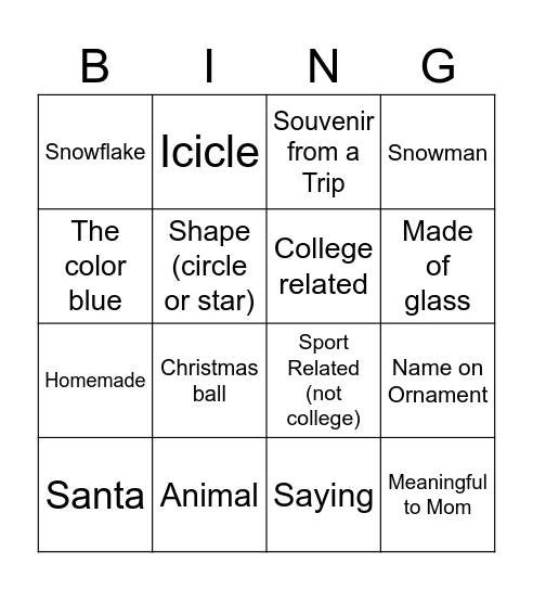 Ornament Bingo Card