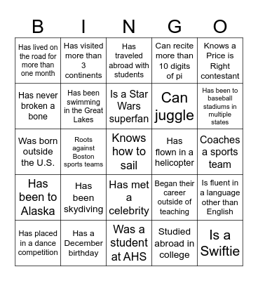 Get to Know You BINGO!! Find someone who... Bingo Card