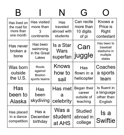 Get to Know You BINGO!! Find someone who... Bingo Card