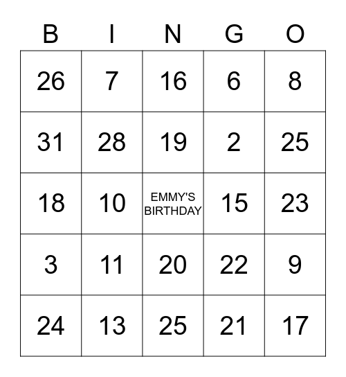 EMMY'S BIRTHDAY BINGO Card