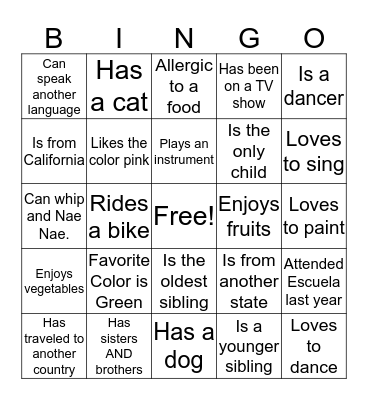 Getting to Know You Bingo Card