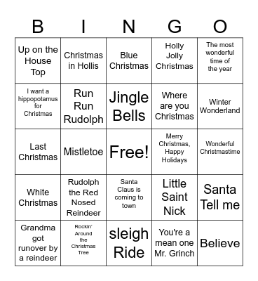 Holiday Song Bingo Card