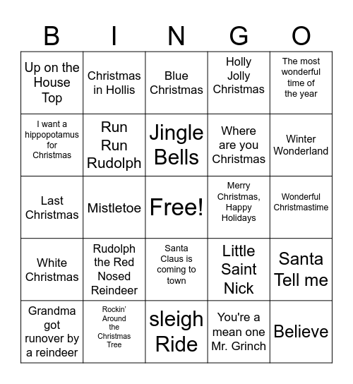 Holiday Song Bingo Card