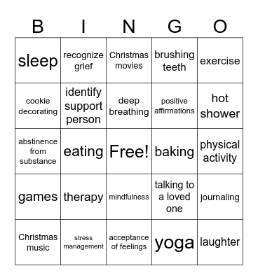 Holiday Self-Care/ Coping Skills Bingo Card