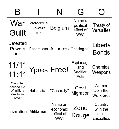 WWI Bingo Card