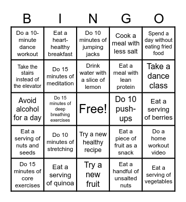 Heart Health BINGO Card