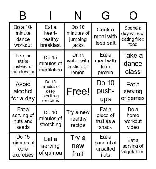 Heart Health BINGO Card