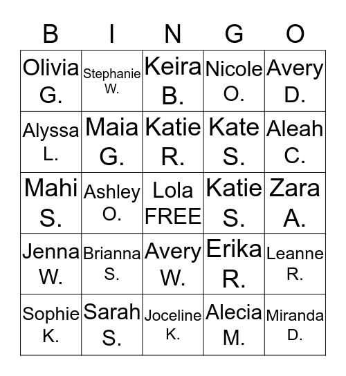 Name Bingo 330th Guides Bingo Card