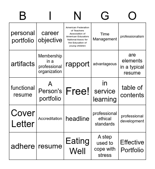 Skills College and Career Bingo Card