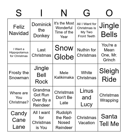 Titan Holiday Singo Bingo Card