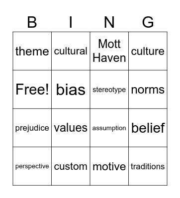 Culture Vocabulary Bingo Card