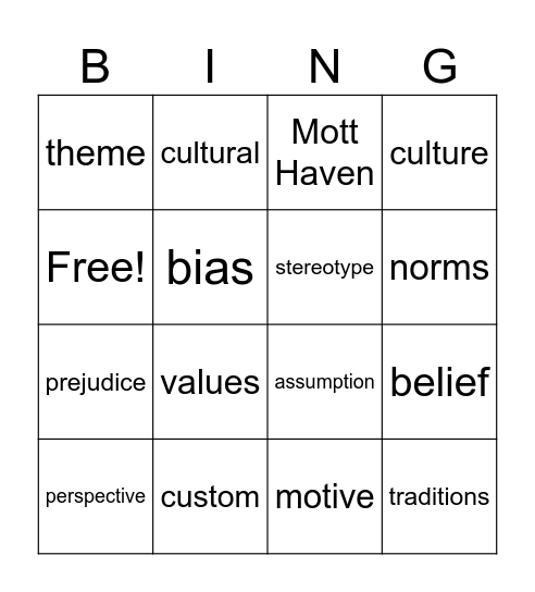 Culture Vocabulary Bingo Card