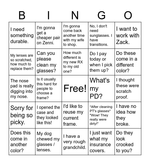 OPTICAL BINGO Card