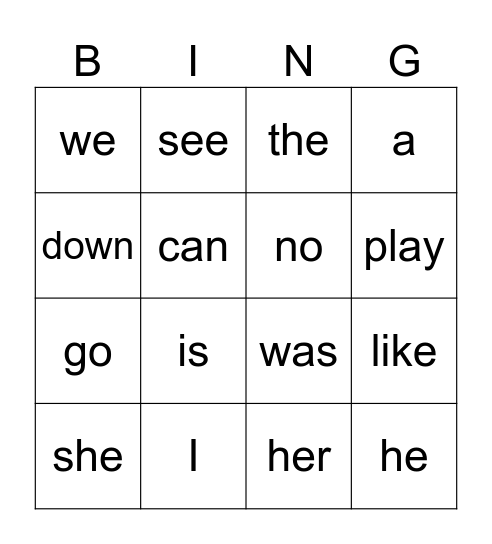 Sight Word BINGO Card