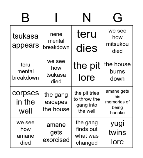 TBHK CHAPTER 121 PREDICTIONS Bingo Card