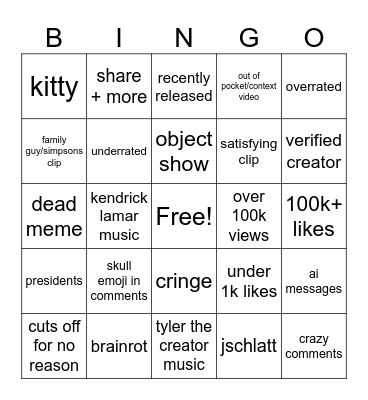 shorts bingo Card