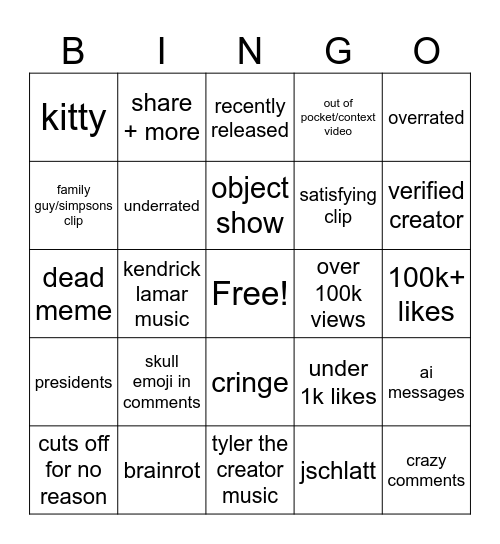 shorts bingo Card