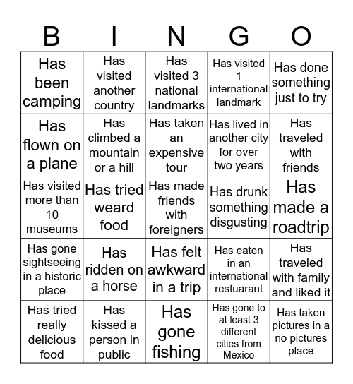 Experiences Bingo Card