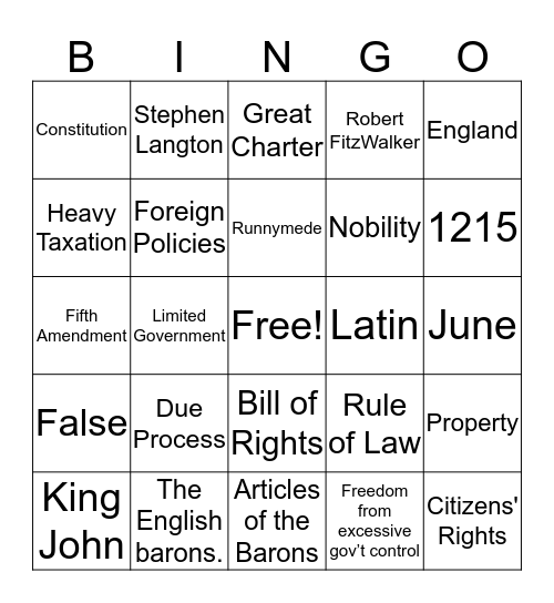 Magna Carta Bingo Card