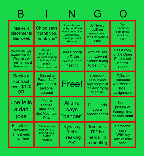 Focus Staff Holiday Bingo 12/16-12/20 Bingo Card