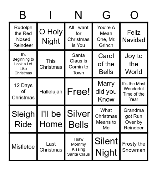 Christmas Songs Bingo Card