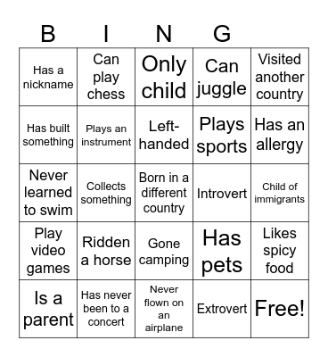 Get to know you Bingo Card