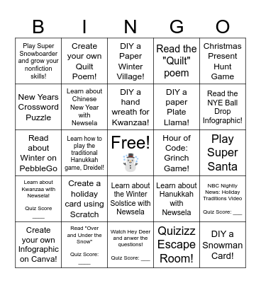 Winter Wonders Bingo Choice Board Bingo Card