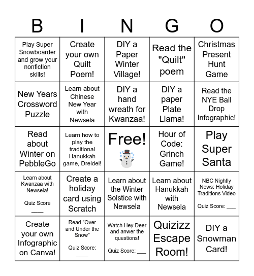 Winter Wonders Bingo Choice Board Bingo Card